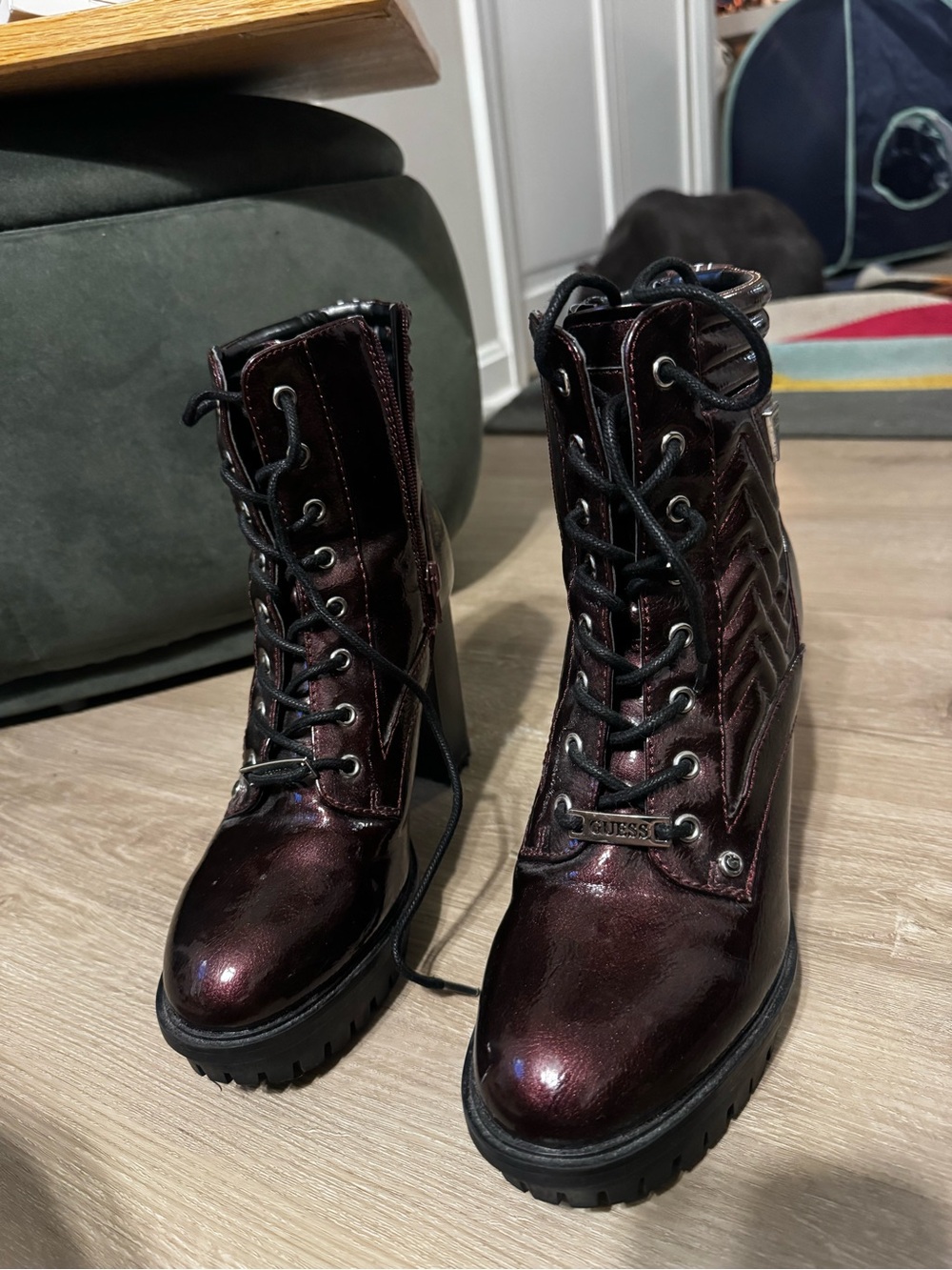 GUESS Metallic Burgundy Lace-Up Platform Ankle Boots